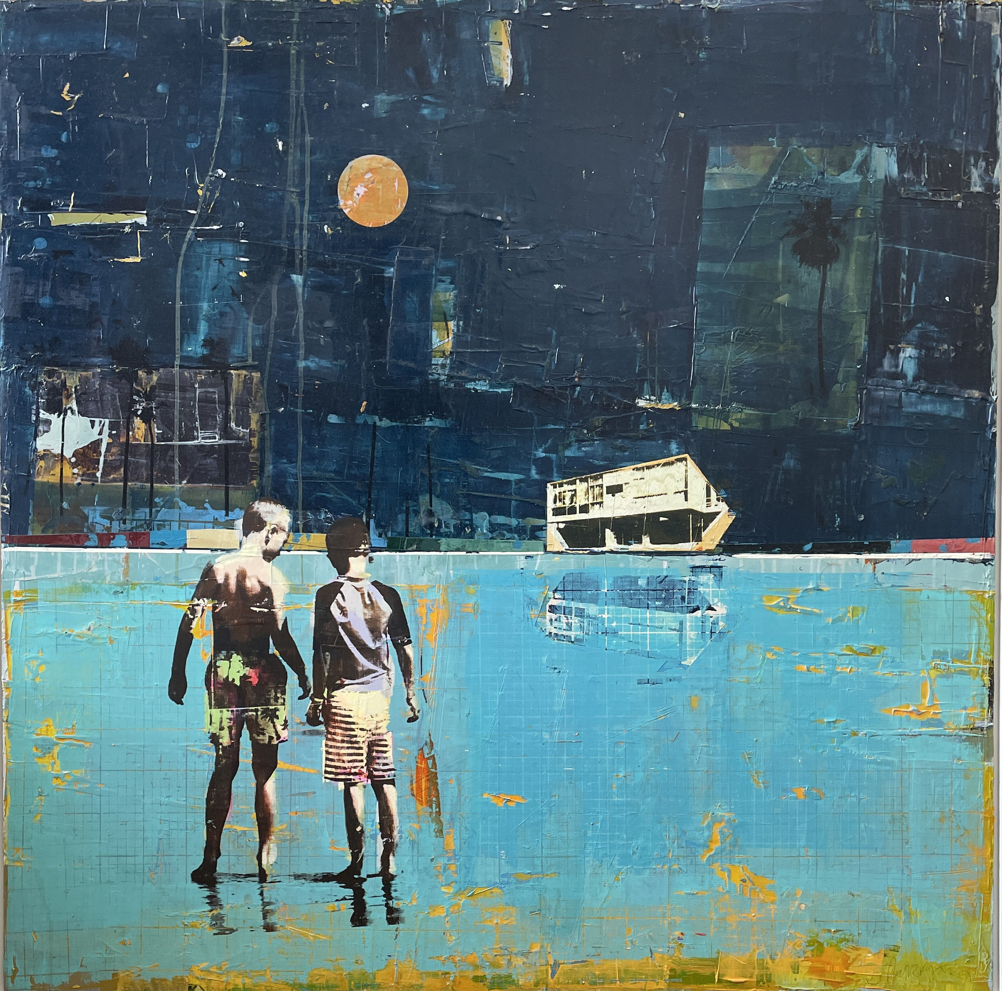 Dan Parry-Jones painting, two boys stand by a shoreline, the water is deep blue, palm trees and a building are on the horizon