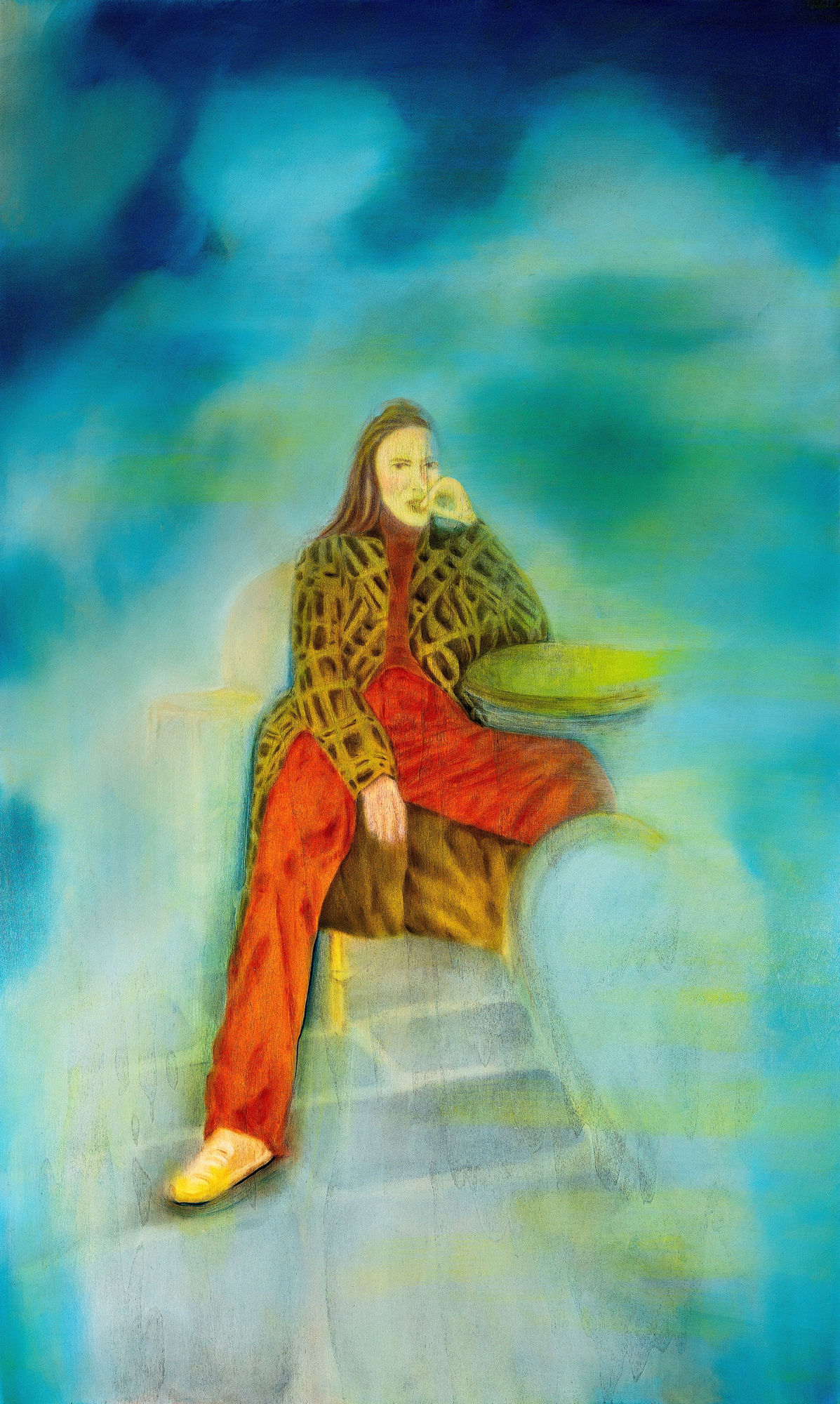 Zelga Simone Miller painting of a figure seated wearing a plaid jacket against a blue green background