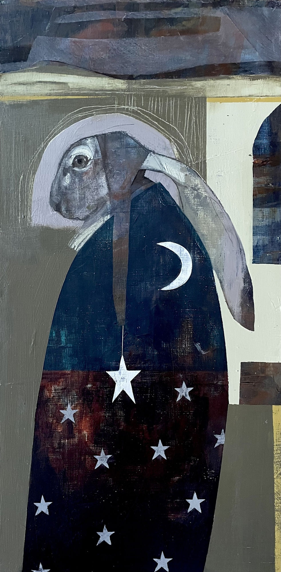 Letitia Thompson painting of a hare with a cloak covered in stars wrapped around it
