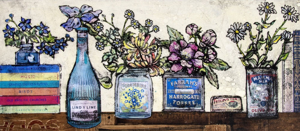 Vicky Oldfield colourful print of a stack of books and a row of vases of flowers in pinks and blues on a shelf.