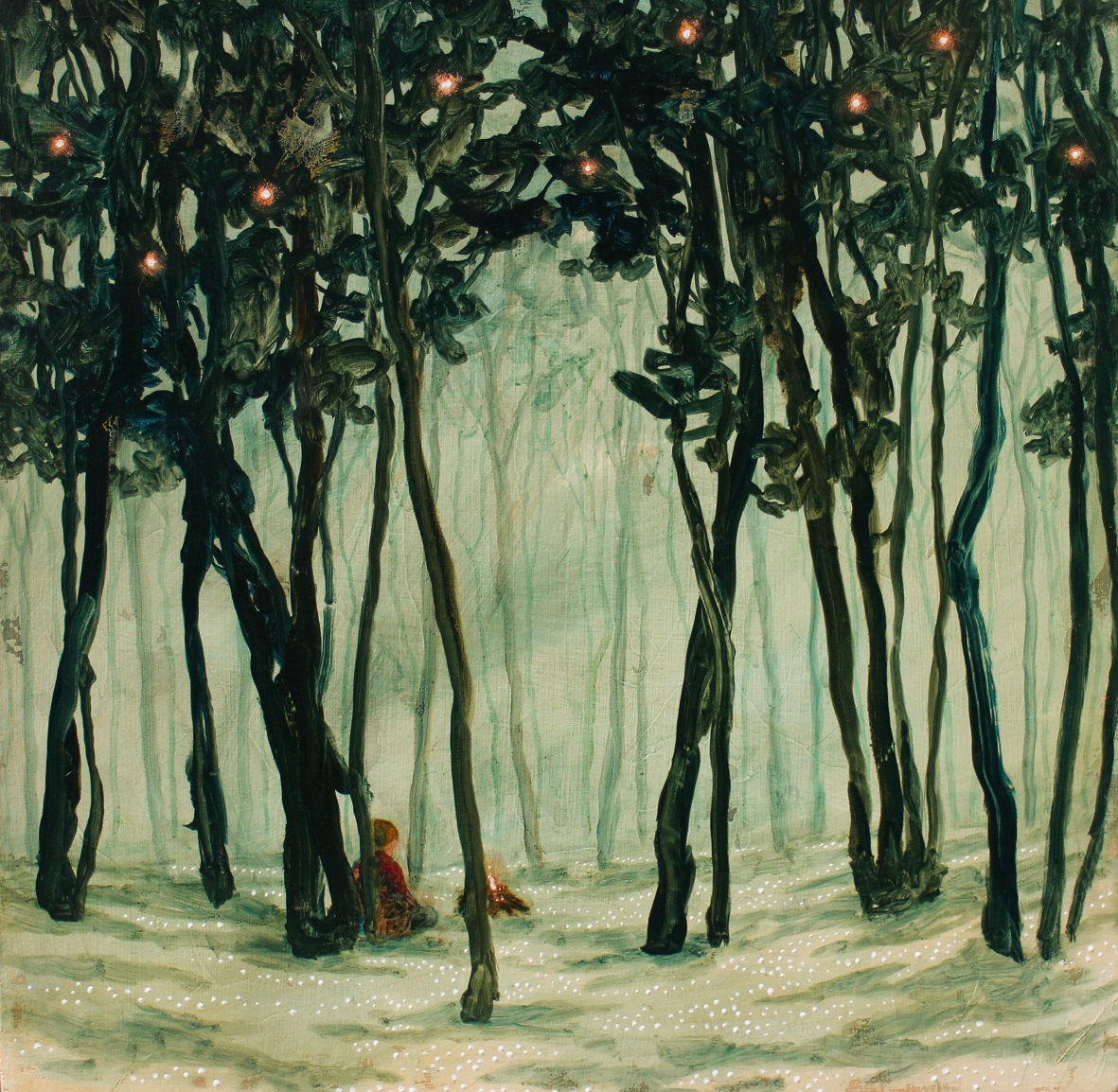 A woodland landscape painting by Daniel Ablitt in shades of green. A boy half turned away from the viewer sits by a fire, surrounded by tiny white flowers.