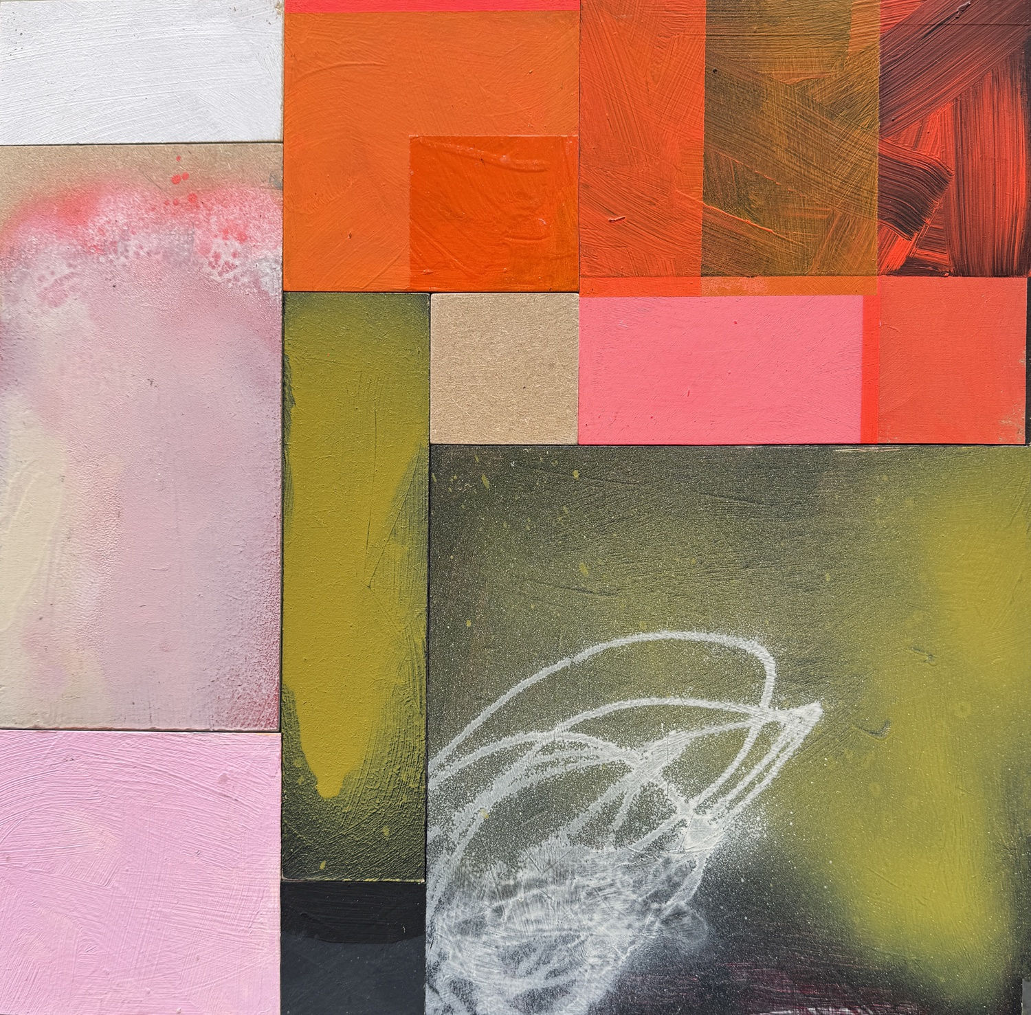 Emma Davis abstract painting of rectangular shapes, in colours pink, red, yellow, green and black