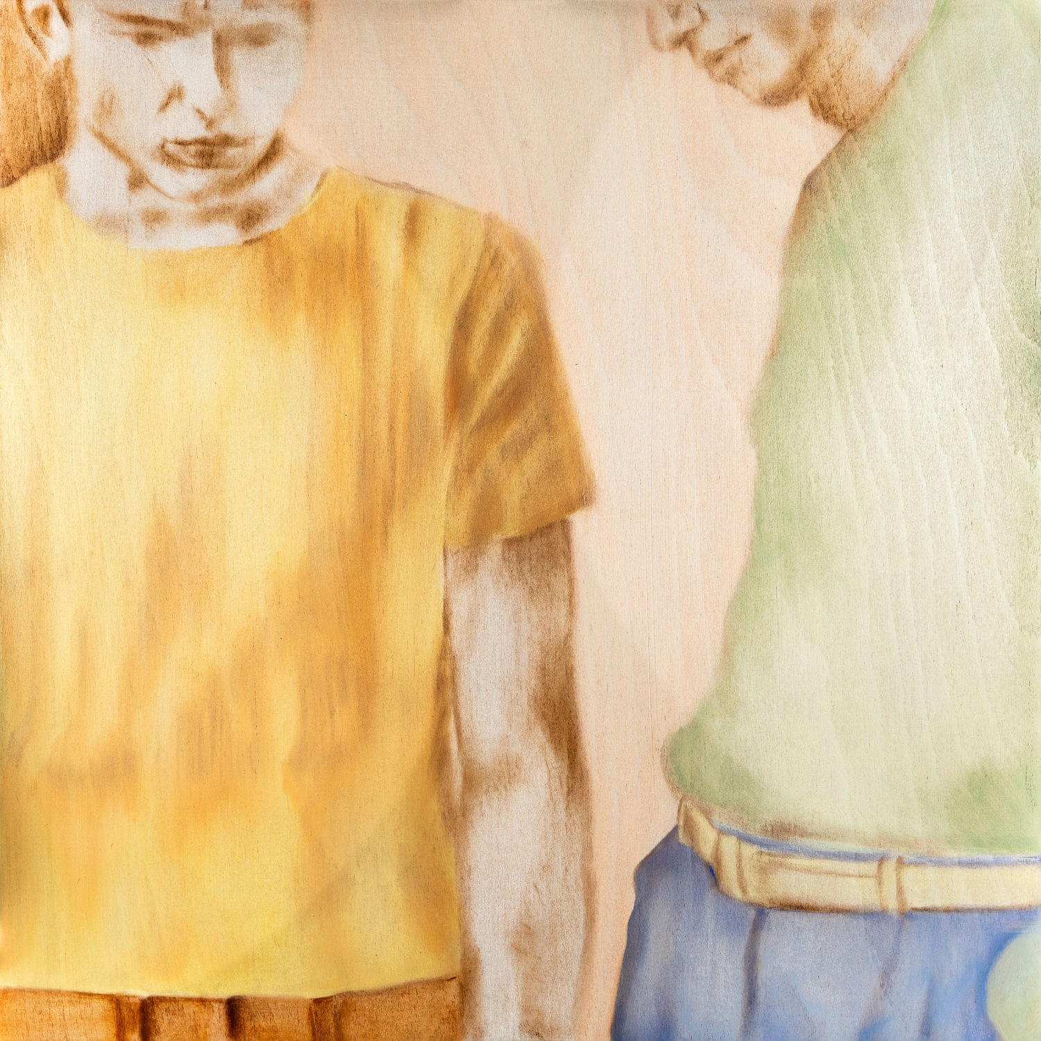 Zelga Simone Miller figurative oil on wood panel painting of a close up shot of two boys stood in close proximity of one another look down, painted in yellows, greens and blues