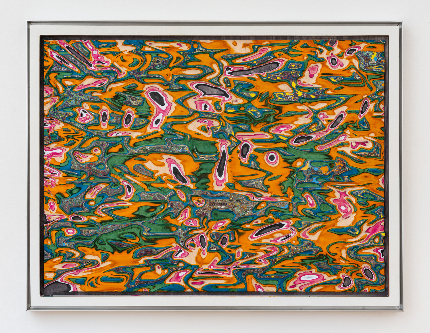 Untitled, June 2025, graffiti wall, plastic sheet, and wood veneer laminate in custom aluminum frame