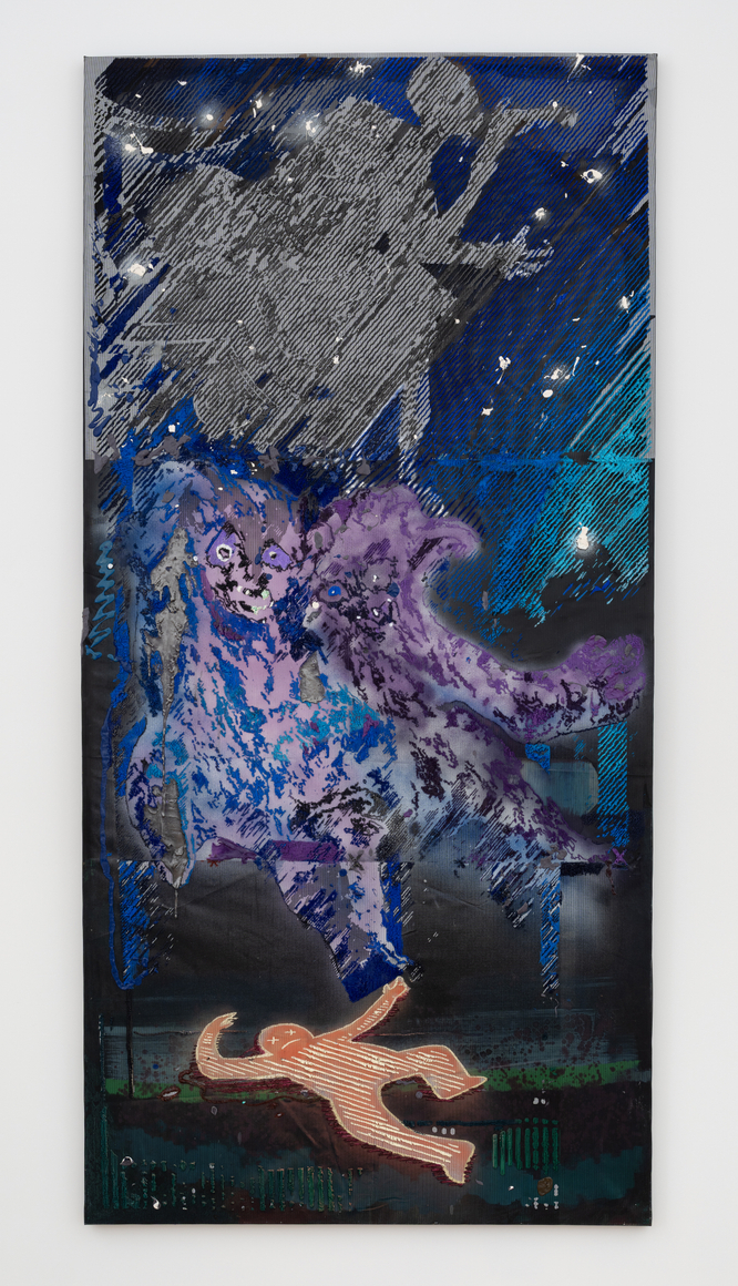 Olddream2, 2026 acrylic medium, pigment, rubber, spray paint, vinyl, screen mesh, oil paint, linen