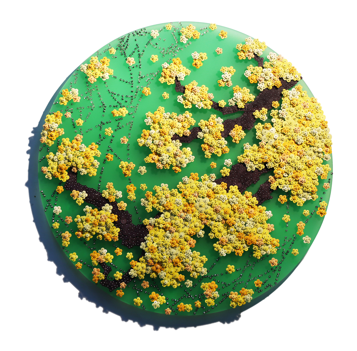 Ode to Second Full Moon_GYM, 2019, Paper buttons, beads, crystals, pins on plexiglass