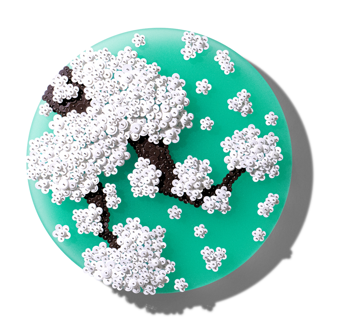 Ode to Full Moon_02409, 2023, Paper buttons, beads, and pins on Plexiglass