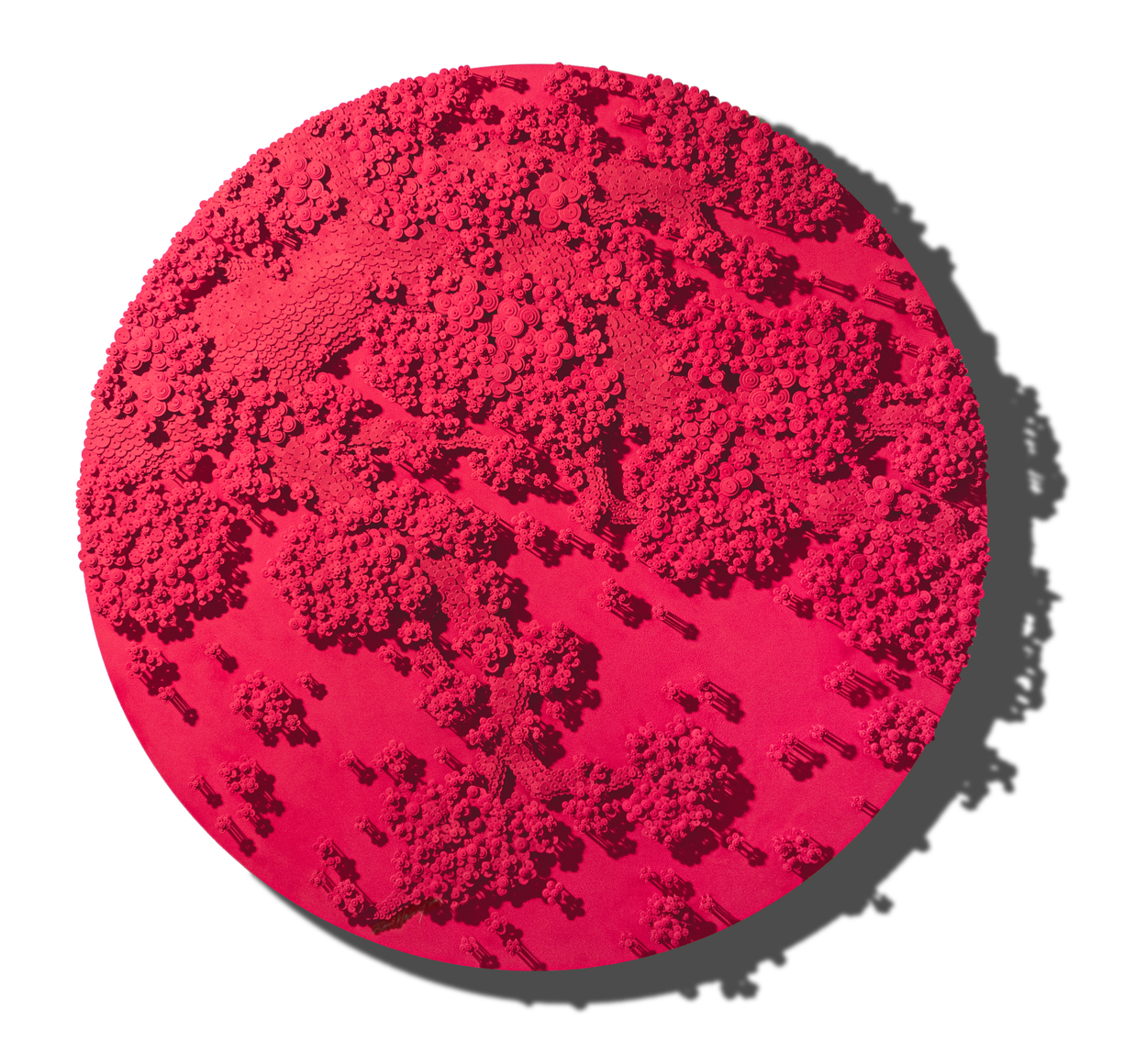 Beyond the Serenity, 2024, Paper buttons, beads, pins, and crystals on Plexiglass, painting