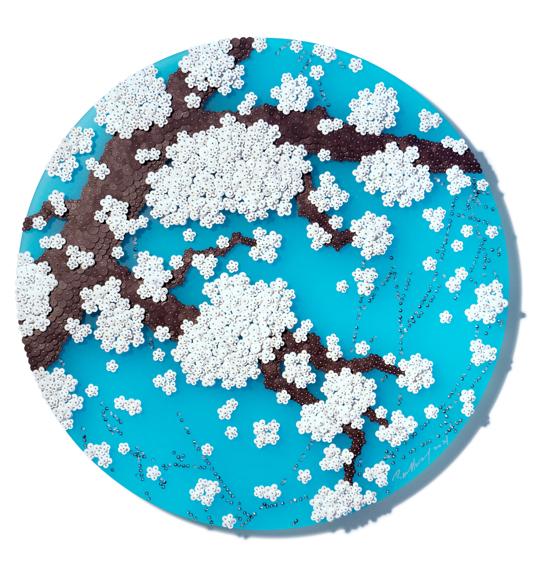 Ode to Second Full Moon_TWK, 2015, Paper buttons, beads, pins, and crystals on Plexiglass