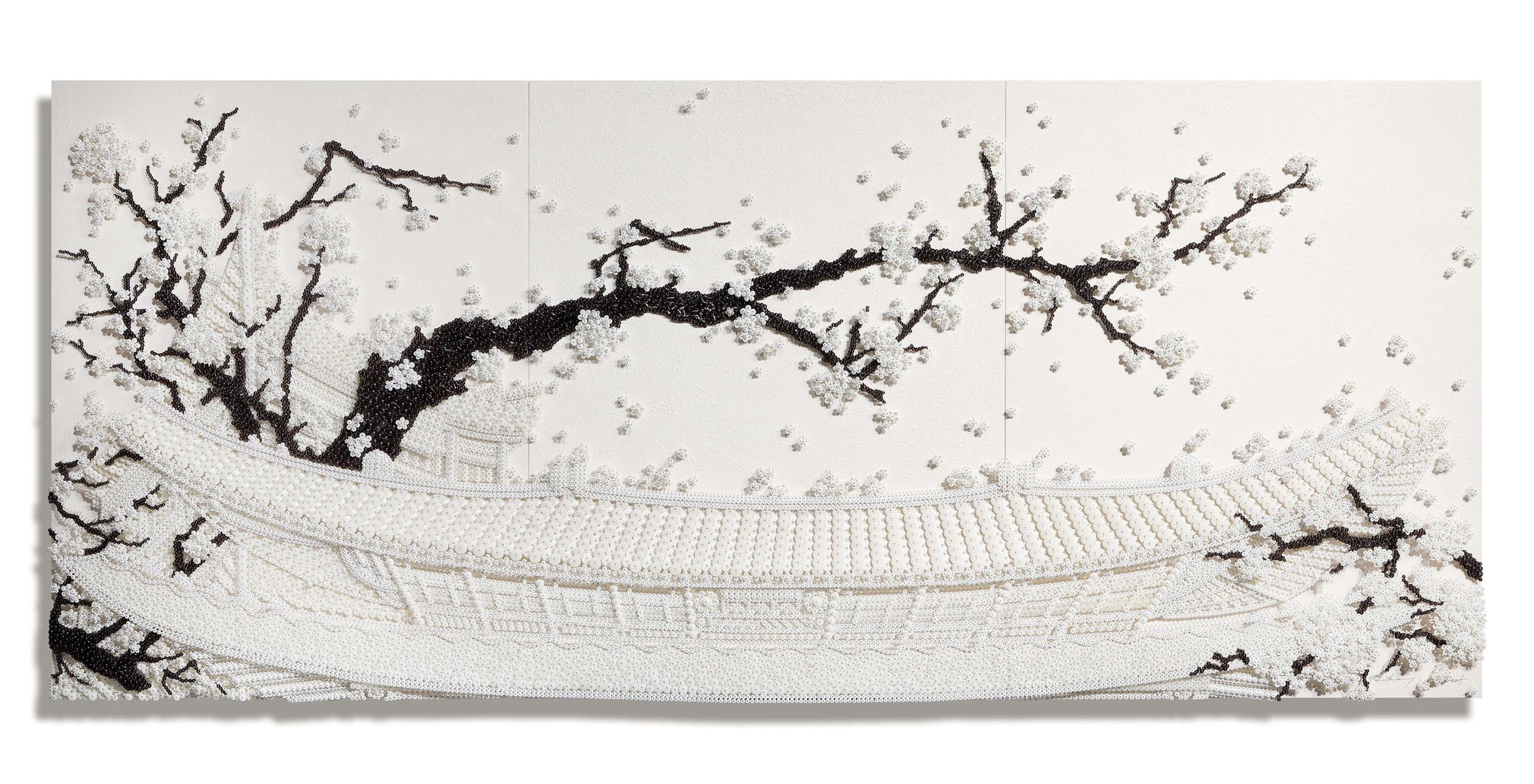 Noble Wind, 2025, Plastic buttons, beads and pins on wood panel with Hanji paper