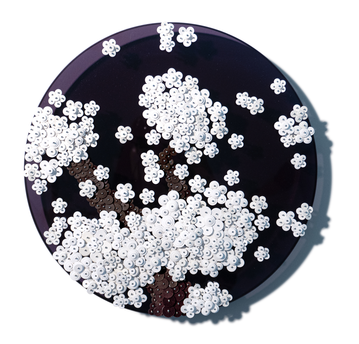 Ode to Full Moon_02412, 2023, Paper buttons, beads, and pins on Plexiglass