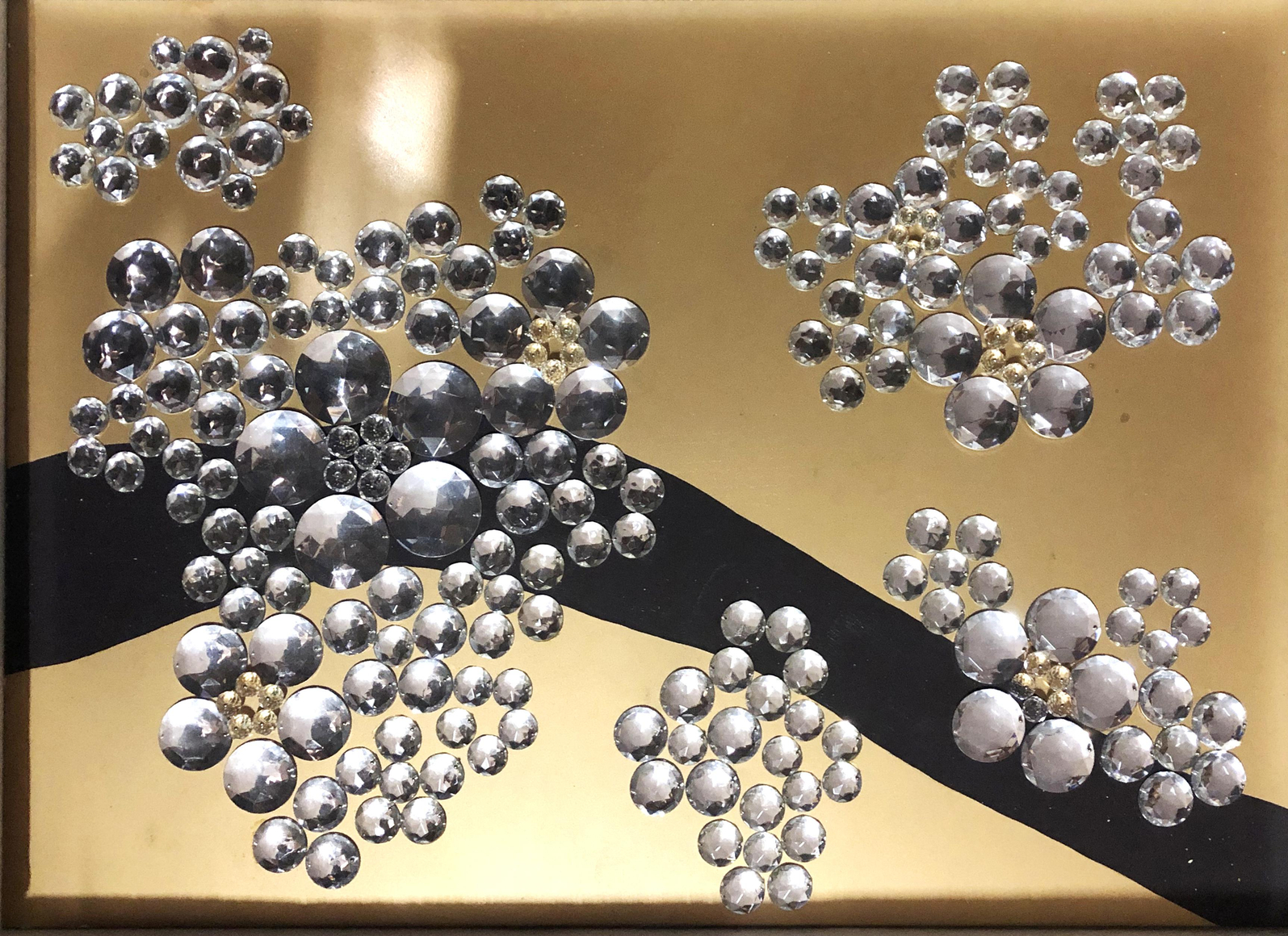 Healing Blossoms MO, Crystal, epoxy plexi buttons, pins, on painted wood panel