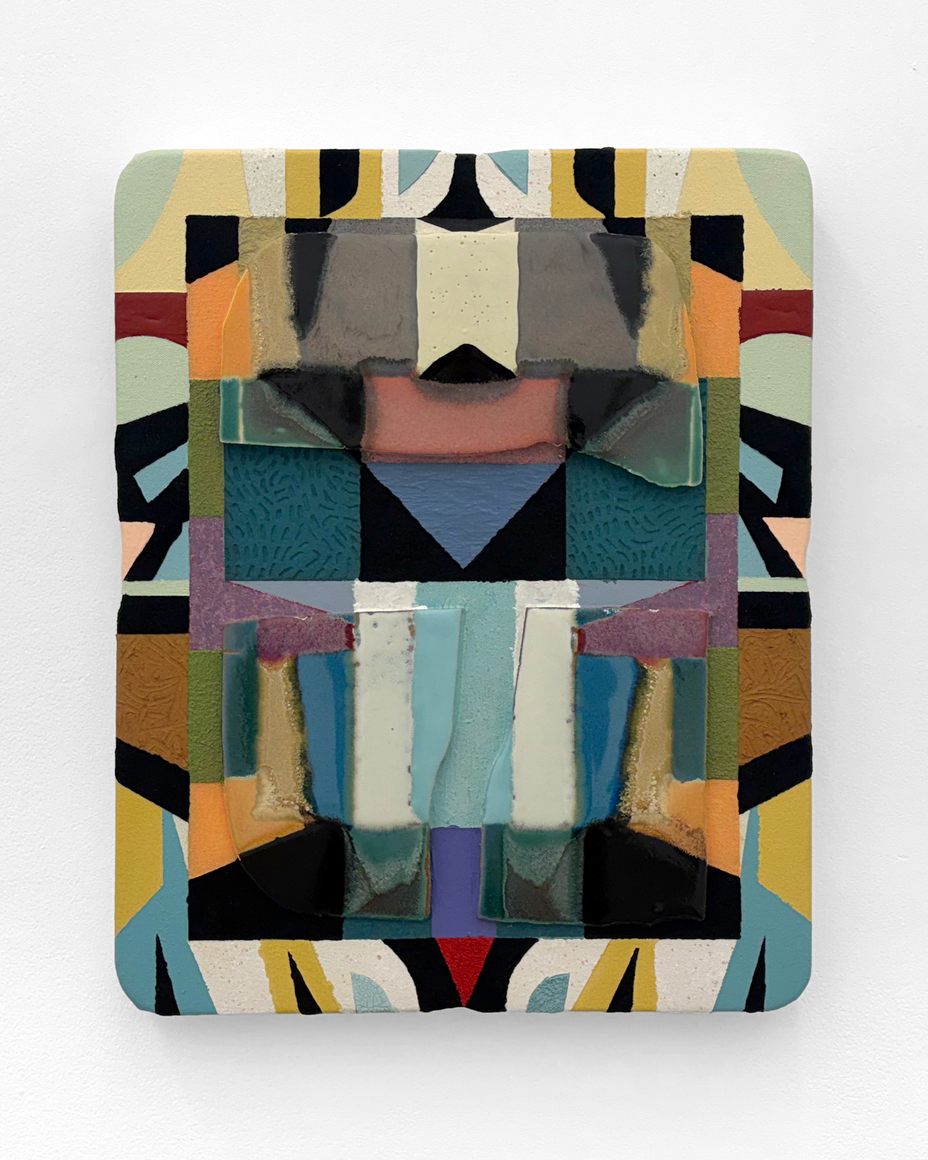 Kevin Uma&ntilde;a,&nbsp;High In The Fractured Forrest The Plume Tails Glisten, 2026. Acrylic, oil, flock, ink, sand, marble dust, salt, resin, ceramics on canvas, 20 x 16 x 2 3/4 inches.