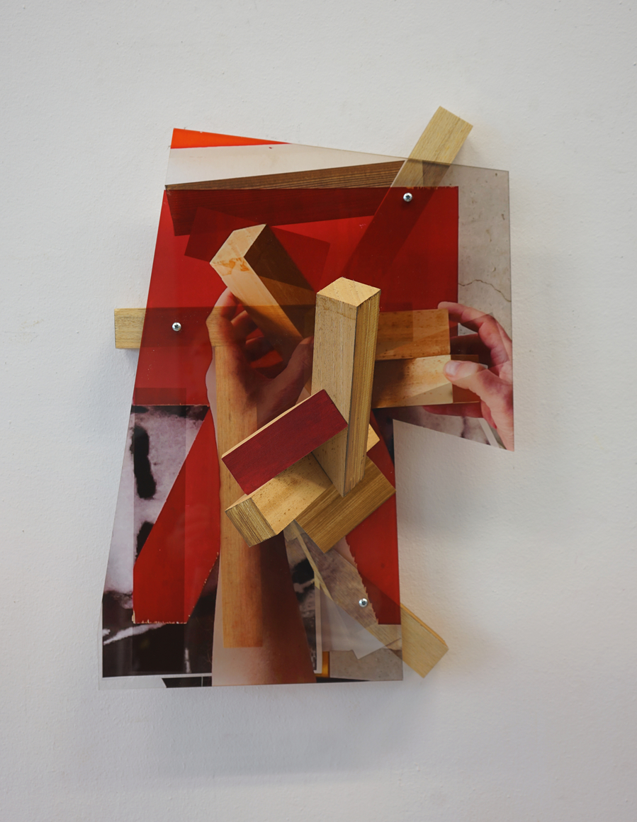 Pello Irazu, Structures of Feeling 3, 2025. Reverse-printed acrylic, wood, adhesive fabric, paper, acrylic paint, 22 1/2 x 17 1/2 x 7 7/8 inches.