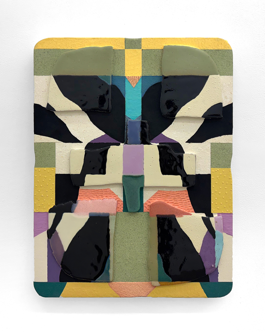 Kevin Uma&ntilde;a, Grazing in the Morning Light, 2026. Acrylic, oil, vinyl paint, flock, ink, oil pastel, sand, salt, resin, gouache, and ceramics on canvas, 24 x 18 1/4 x 2 3/4 inches.