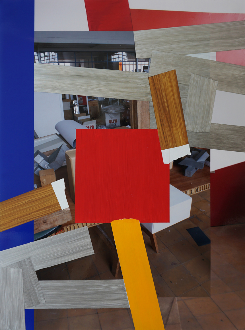 Pello Irazu, Demolition Strategies 2, 2025. Acrylic paint on photograph, 25 1/2 x 17 3/4 inches.