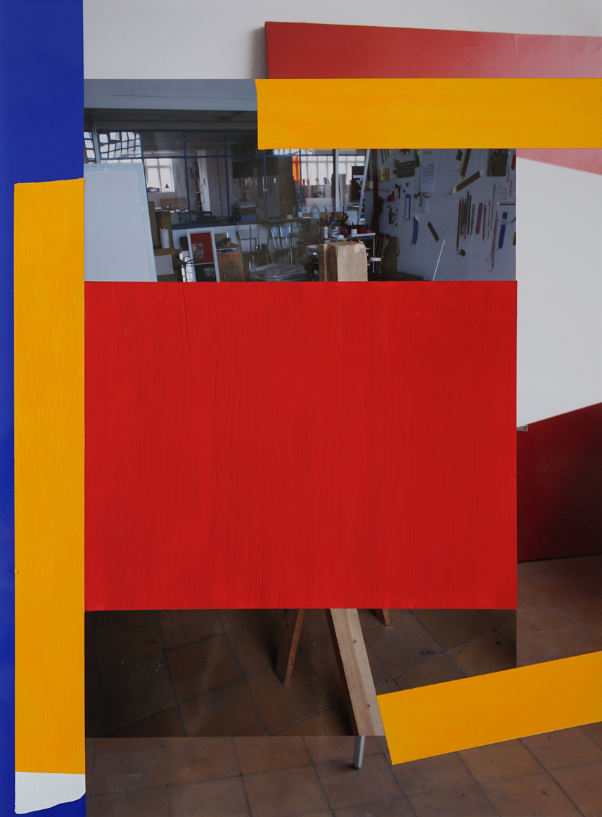 Pello Irazu, Ostensive Signals 2, 2025. Acrylic paint on photograph, 25 1/2 x 17 3/4 inches.