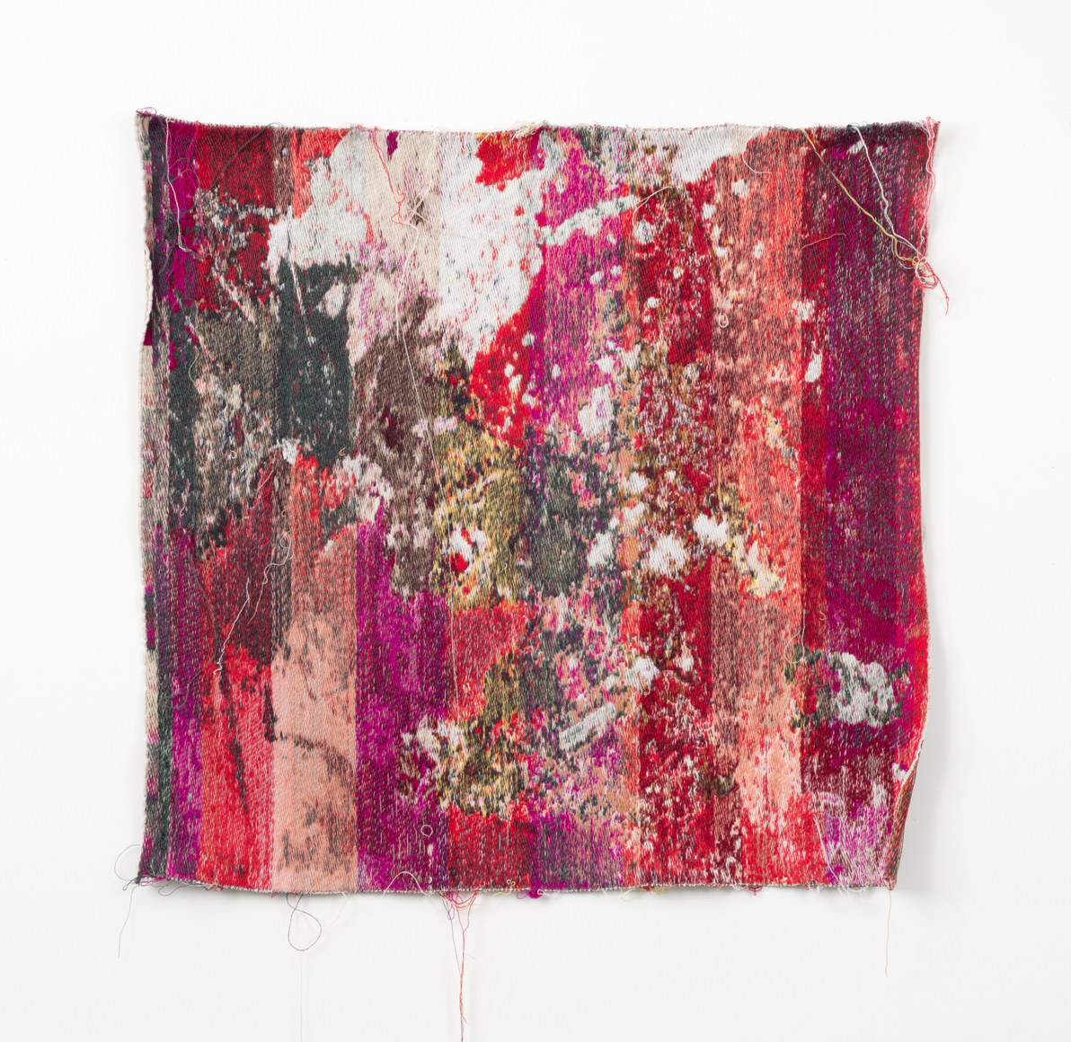 Laura Letinsky &amp;amp; John Paul Morabito, red&amp;amp;whiteverechadpanhudaiondaahoneymoon, 2016. Cotton and wool, 41 x 43 inches.