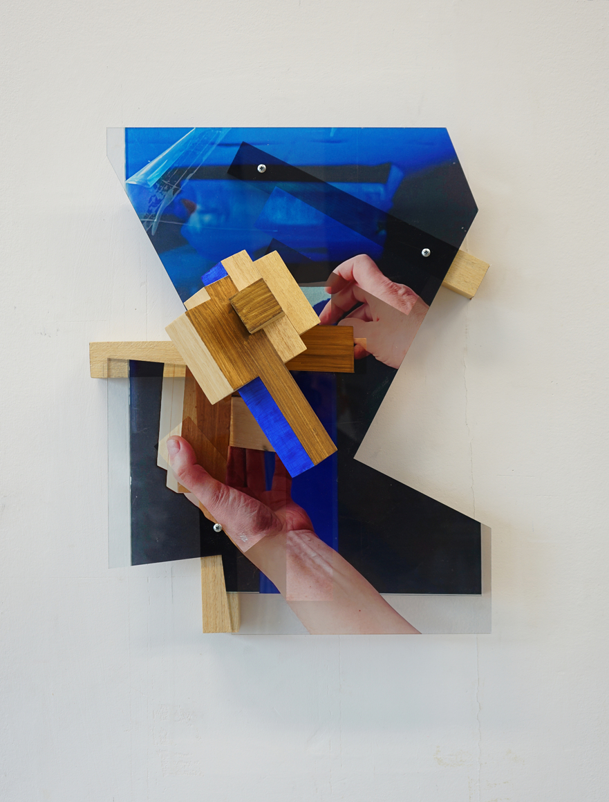 Pello Irazu, Structures of Feeling 2, 2025. Reverse-printed acrylic, wood, paper, acrylic paint, 21 5/8 x 17 1/8 x 7 1/4 inches.