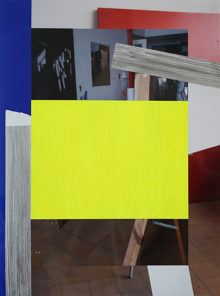 Pello Irazu, Ostensive Signals 1, 2025. Acrylic paint on photograph, 25 1/2 x 17 3/4 inches.