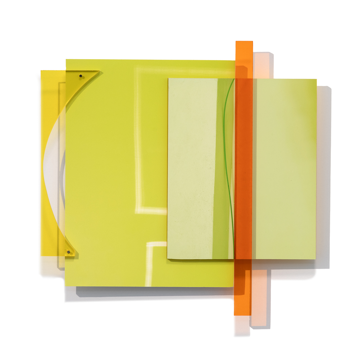 Sandi Haber Fifield, OW25_477, 2025. Archival pigment prints with colored plexiglass and nails, 12 x 12 x 1 inches.