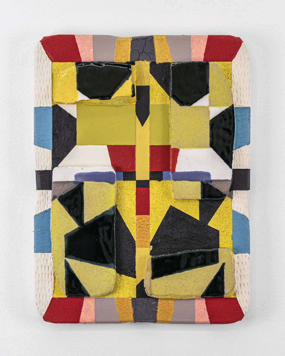 Kevin Uma&ntilde;a, Gold Forms Don't Shade the Obvious, 2025. Acrylic, oil, flock, ink, sand, marble dust, salt, resin, ceramics on canvas, 16 x 12 x 2 3/4 inches.