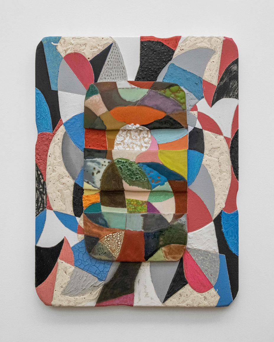 Kevin Uma&ntilde;a,&nbsp;Sanguine and Spiraling, 2023. Acrylic, oil, vinyl paint, flock, ink, sand, gouache, ceramics on canvas, 24 1/4 x 18 1/4 x 1 1/2 inches.