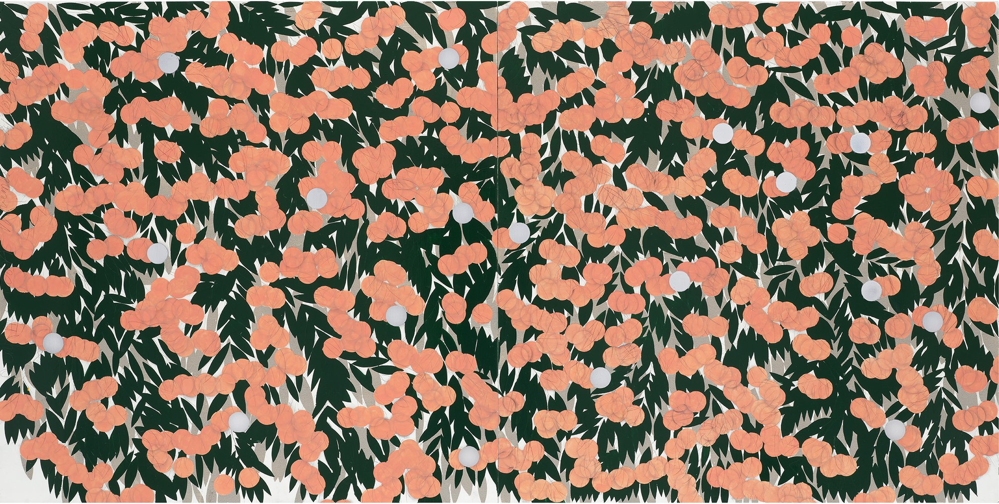 Donald Sultan Pink Mimosa November 21 2023, 2023 enamel, silver spray paint, cement, and graphite on masonite 48 x 96 x 5 inches