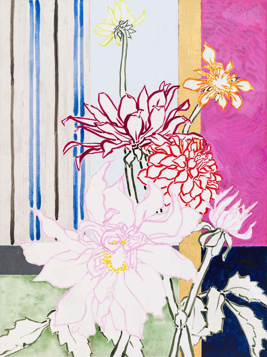 Dahlia Garden - Quiet Day, 2024  Acrylic, oil, gold leaf on canvas 48 x 36 inches