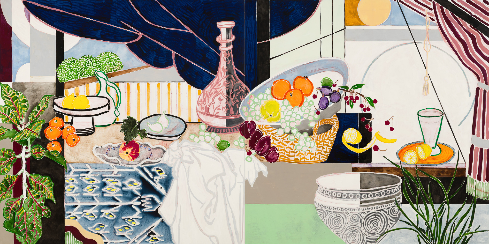 La Desserte II after RK after Matisse after de Heem, 2024  Acrylic, oil, cont&eacute; crayon on linen 72 x 144 inches