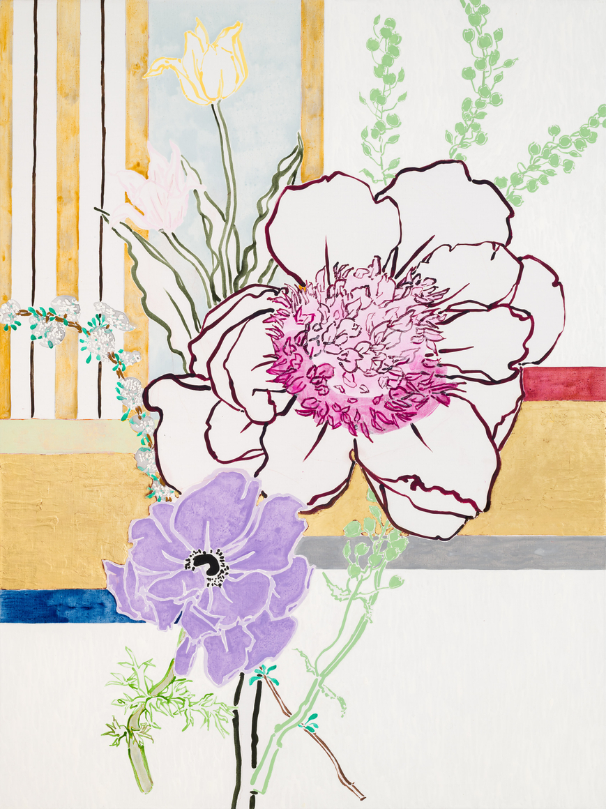 Large Red Peony, 2025 Acrylic, oil, cont&eacute; crayon, and gold leaf on linen 72 x 54 inches