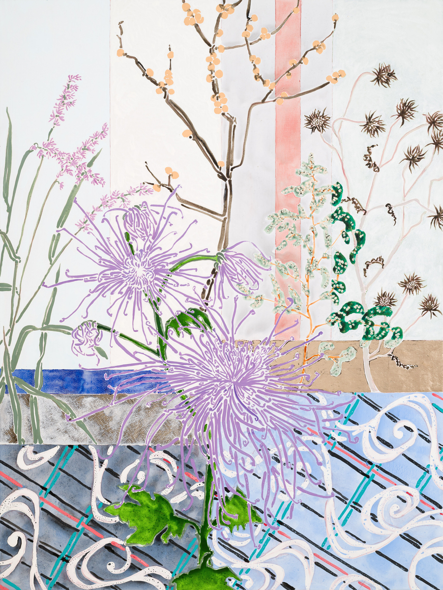 Robert Kushner Chrysanthemum Fireworks, 2024Oil, acrylic, gold leaf, and cont&eacute; crayon on canvas 72 x 54 inches