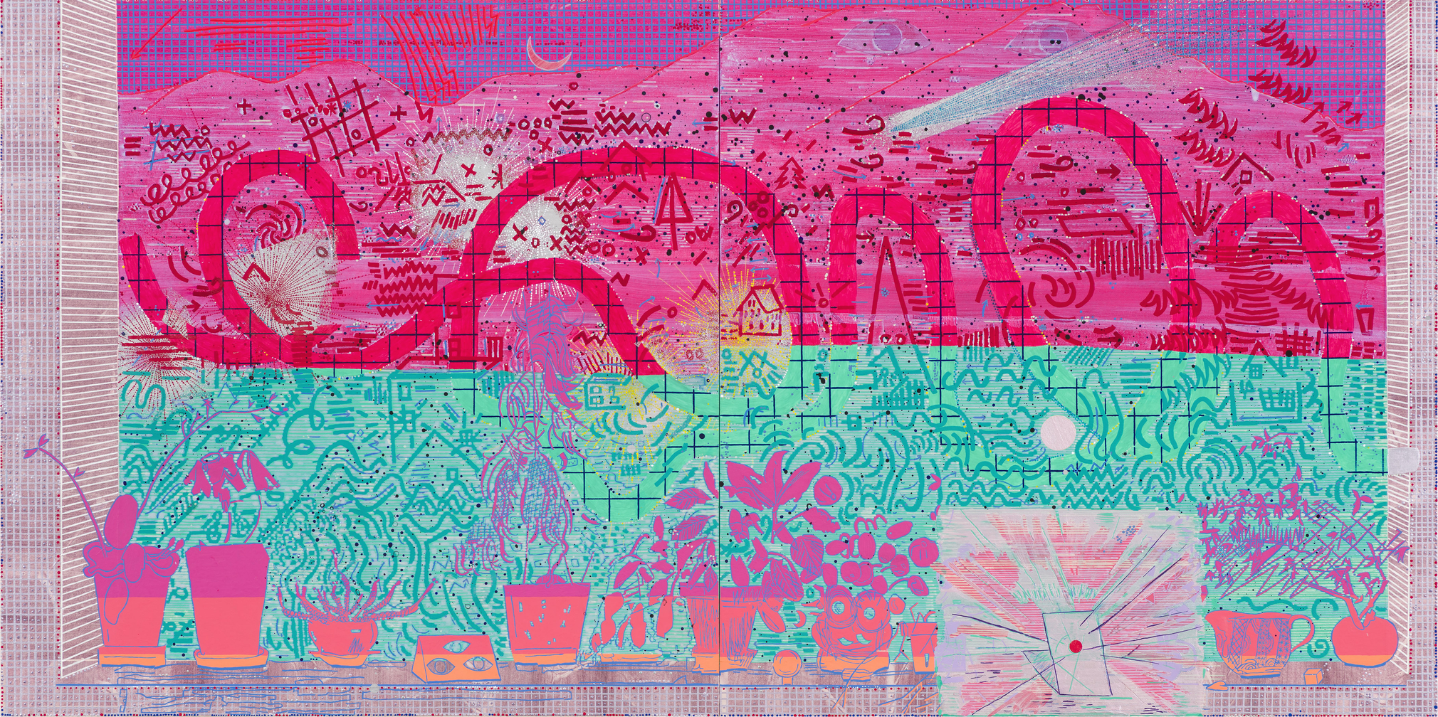 (FUE 0036)  Chie Fueki Emergence: Mt. Beacon, 2026 Signed, titled and dated on verso right panel Acrylic and mixed media on mulberry paper on wood 26 x 52 inches (FUE 0036)