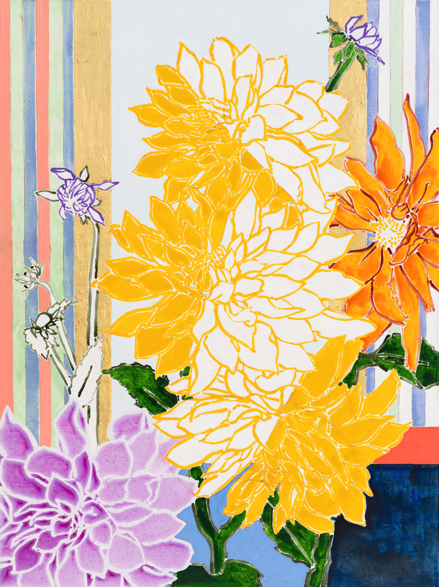 Dahlia Garden - Quiet Afternoon, 2024 Acrylic, oil, gold leaf on canvas 48 x 36 inches