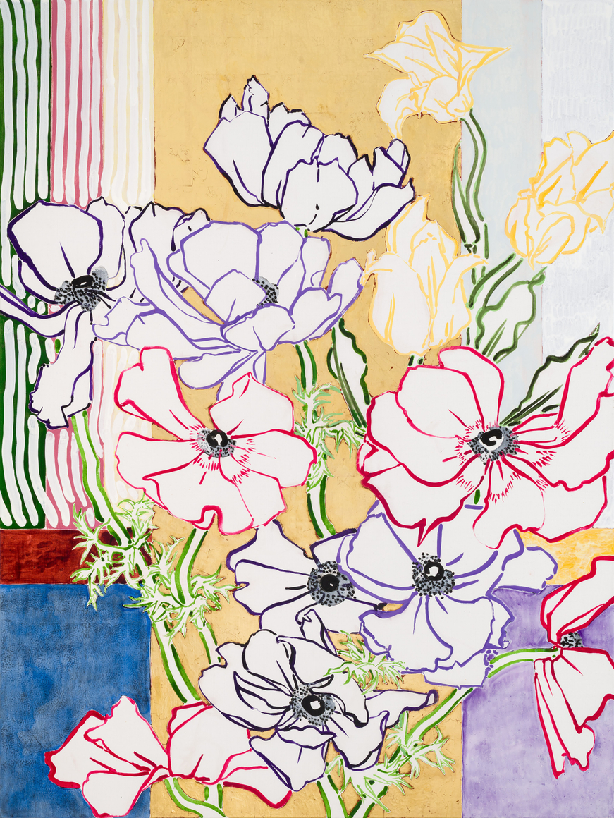 Anemone Fireworks, 2025 Acrylic, oil, cont&eacute; crayon, and gold leaf on linen 72 x 54 inches