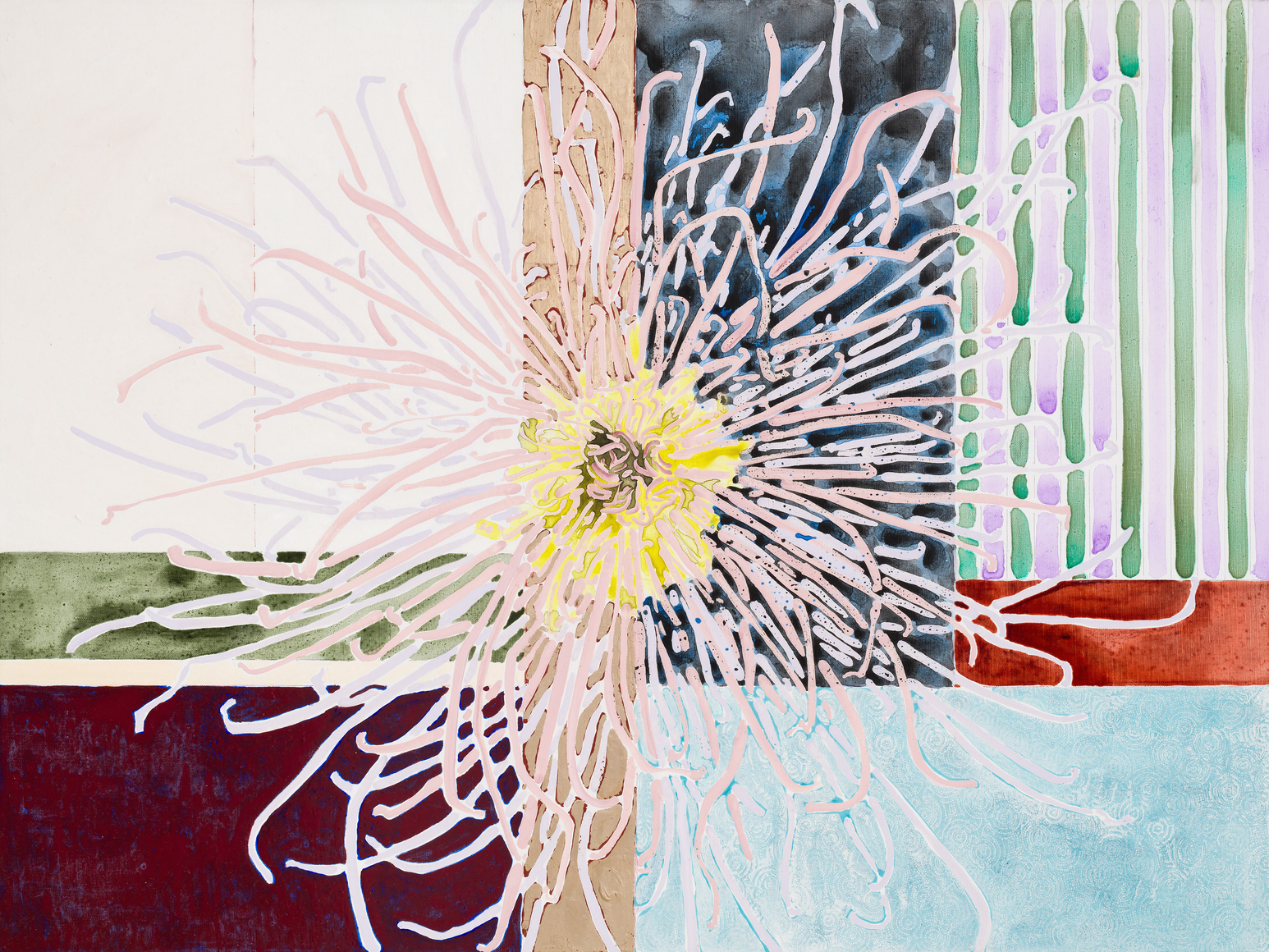 Robert Kushner Chrysanthemum Sunrise, 2024 Oil, acrylic, gold leaf, and cont&eacute; crayon on canvas 36 x 48 inches