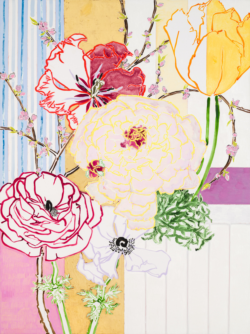 Spring Garden - Large Pink Ranunculus, 2025 Acrylic, oil, cont&eacute; crayon, and gold leaf on linen 72 x 54 inches