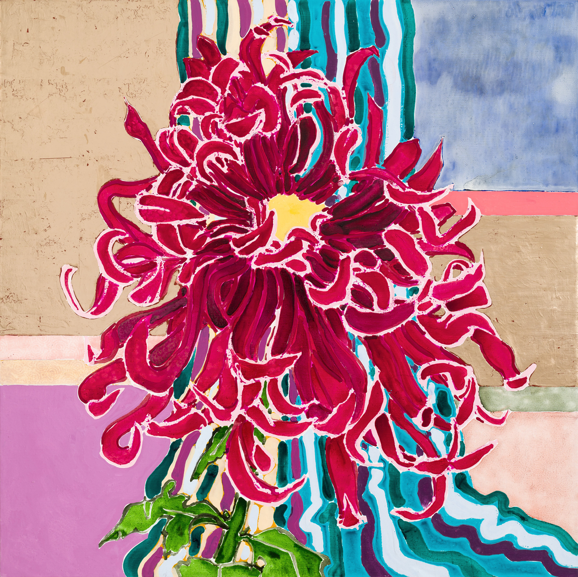 Robert Kushner Red Chrysanthemum, 2024 Oil, acrylic, gold leaf, and cont&eacute; crayon on canvas 48 x 48 inches