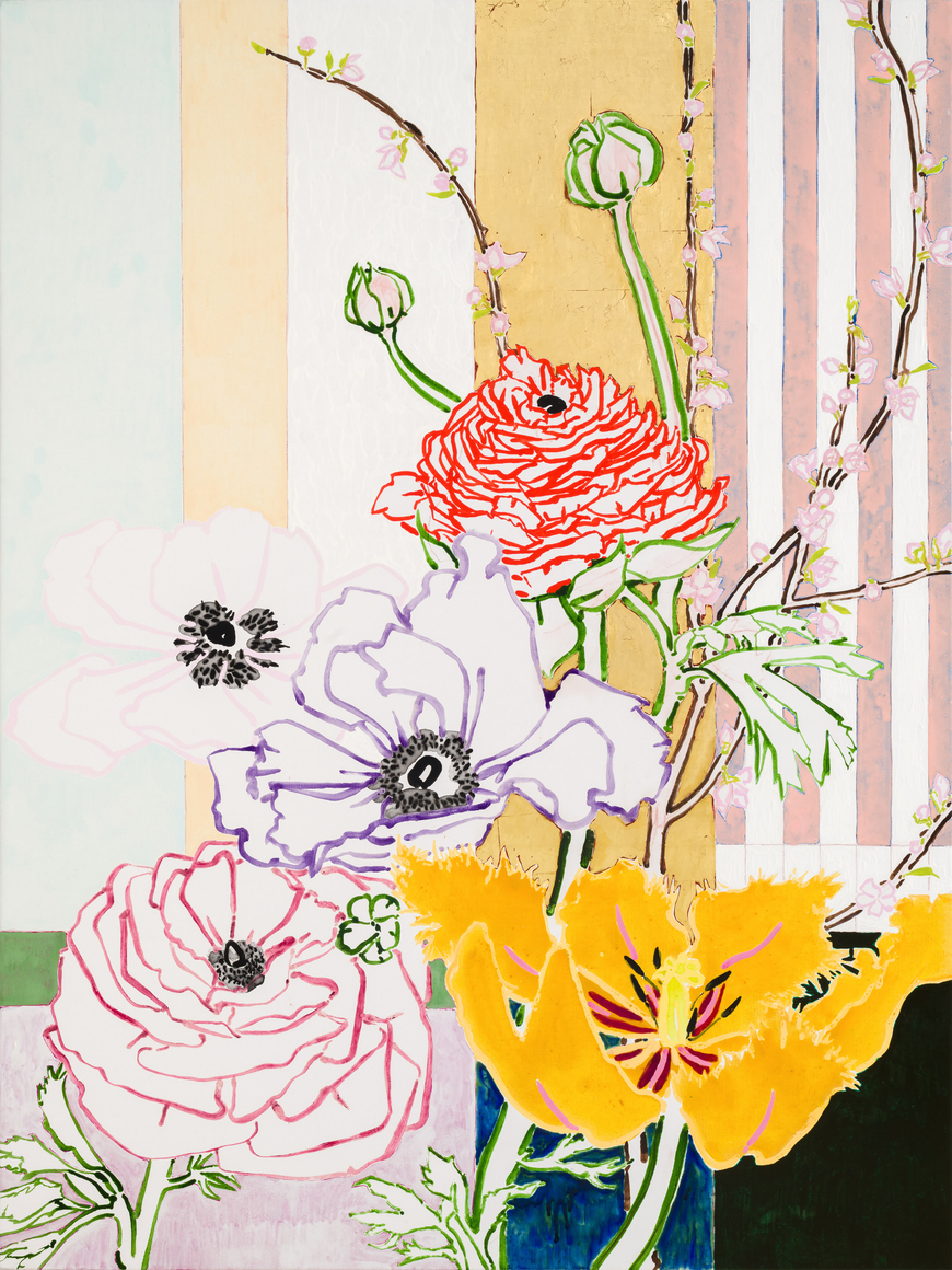 Yellow Tulip, 2025 Acrylic, oil, cont&eacute; crayon, and gold leaf on linen 72 x 54 inches