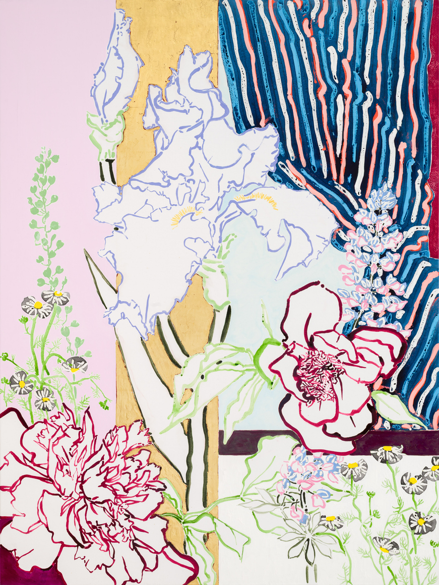 Blue Curtain, 2025 Signed, titled, and dated on verso Acrylic, oil, cont&eacute; crayon, and gold leaf on linen 72 x 54 inches