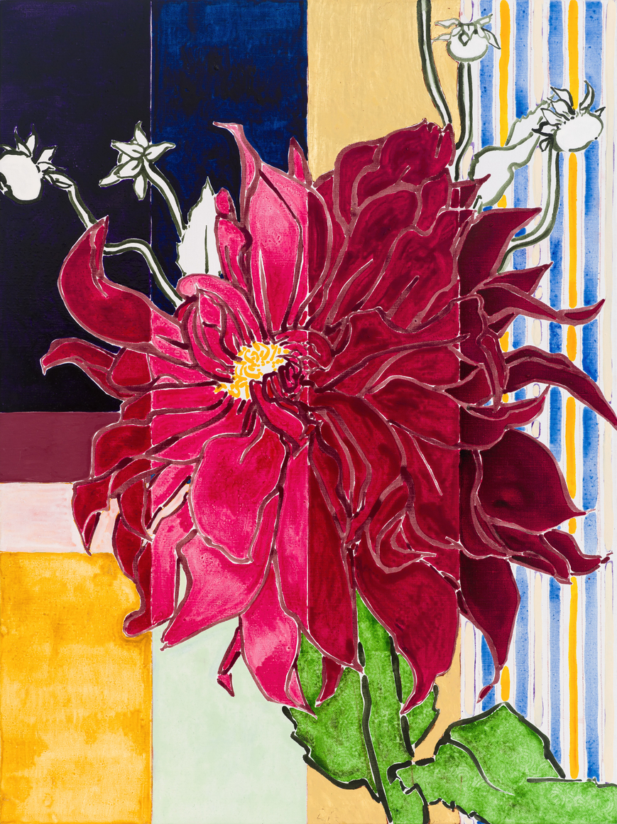 Robert Kushner Dahlia Majestic, 2024 Acrylic, oil, gold leaf on canvas 48 x 36 inches