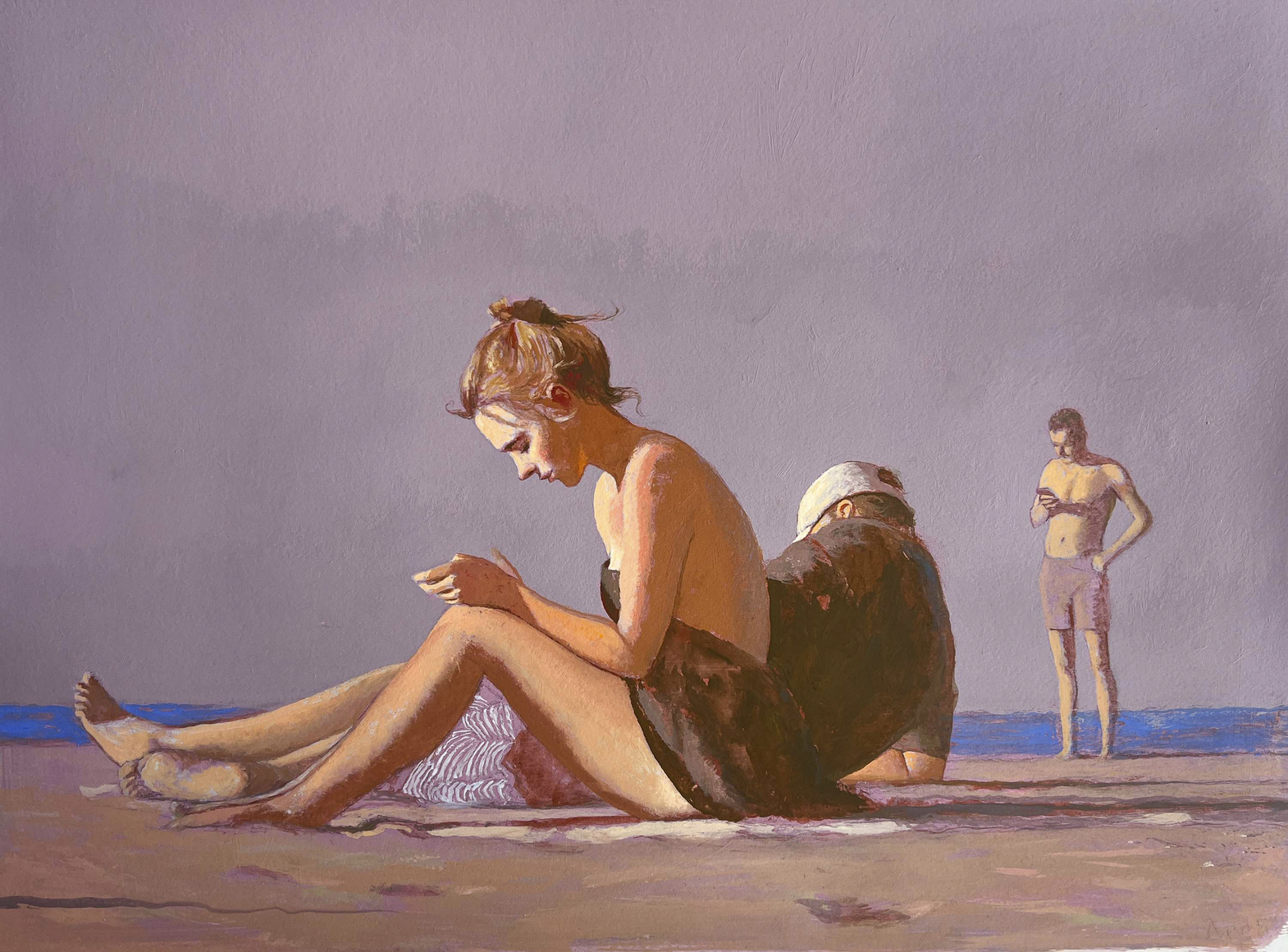 Bo Bartlett, Beach Scene (Texting), 2024, Gouache on paper, 22.5 x 30 in