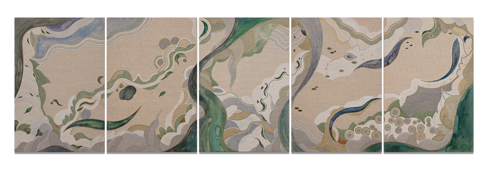 Listening, 2023, ink and watercolor on linen, 36 x 120 inches/91.4 x 305 cm