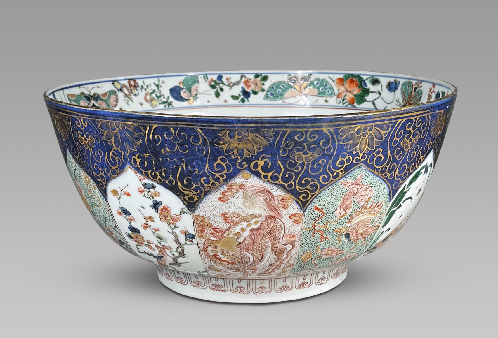 Unusual Chinese Large Powder Blue and Famille Verte Porcelain Bowl