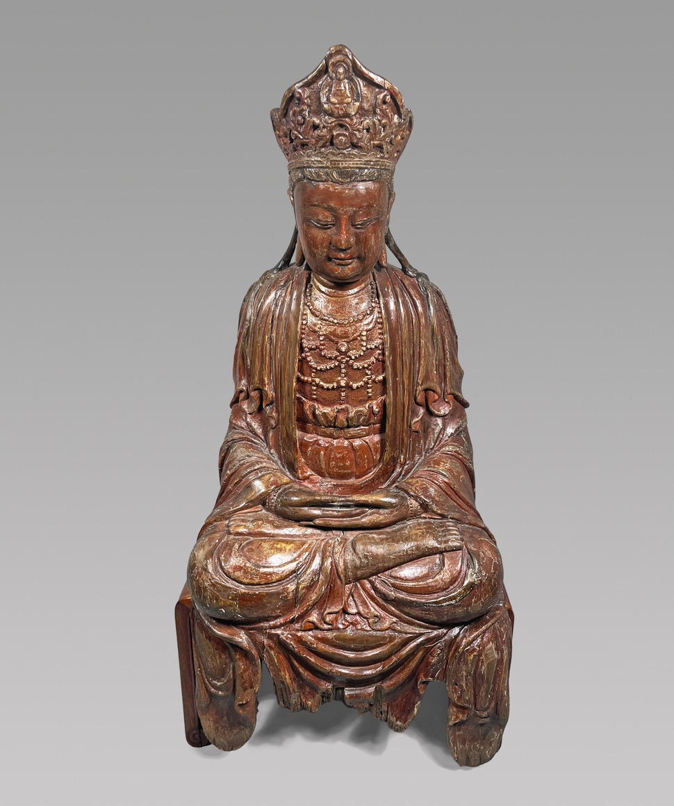 Large Chinese Red and Gold Lacquered Carved Wood Figure of a Seated Guanyin