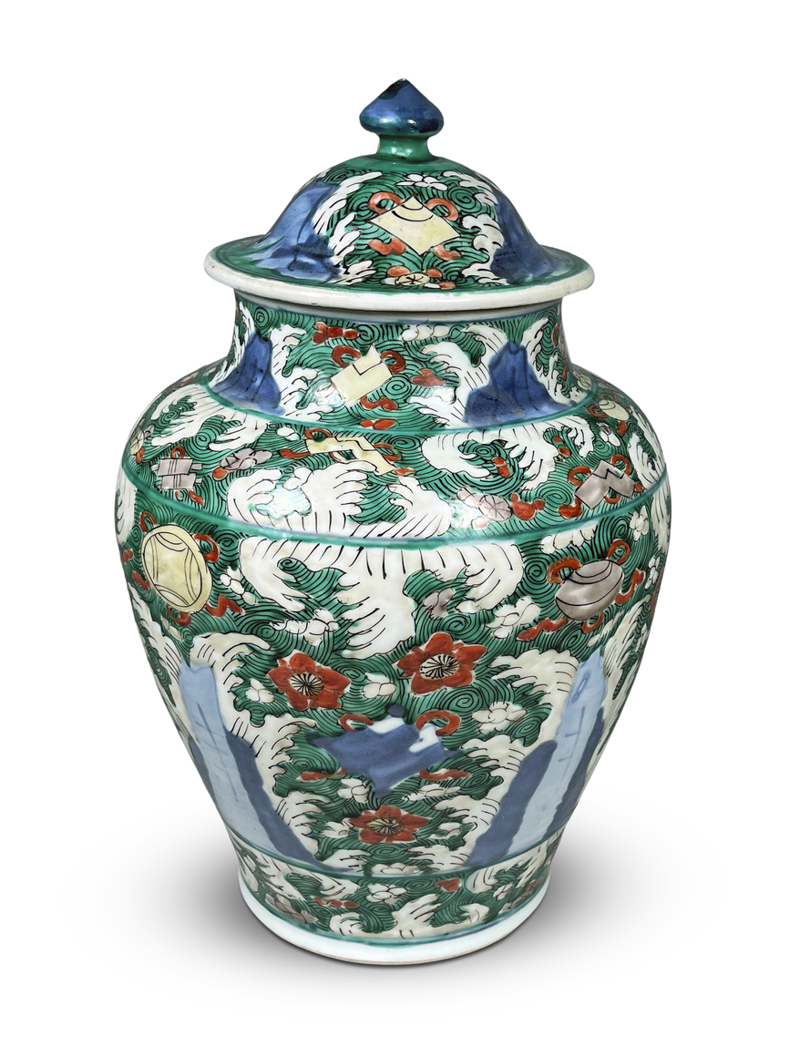 Chinese Green Ground Wucai Vase and Cover