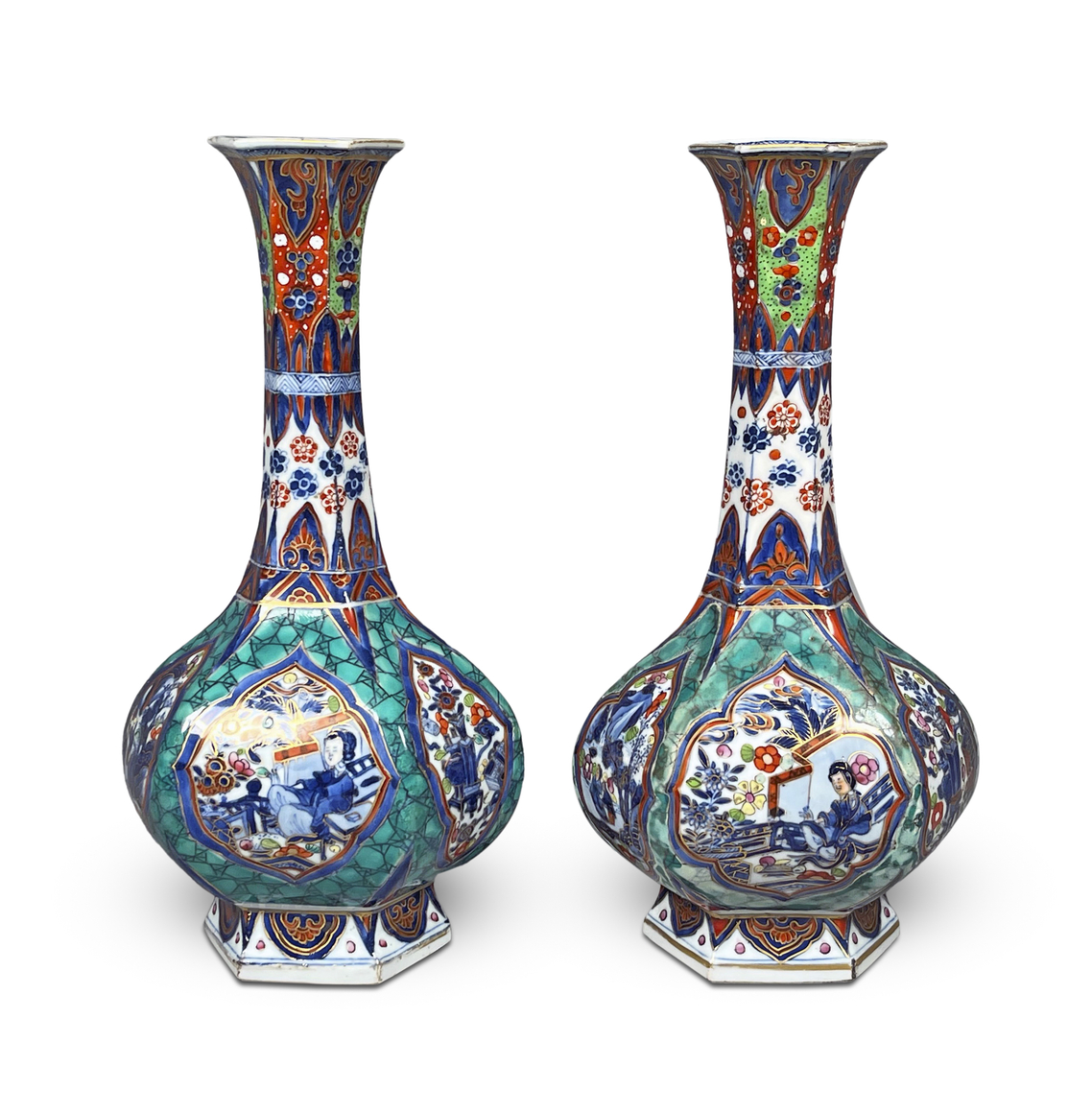 . Pair of Chinese Clobbered Blue and White Porcelain Hexagonal G Bottles