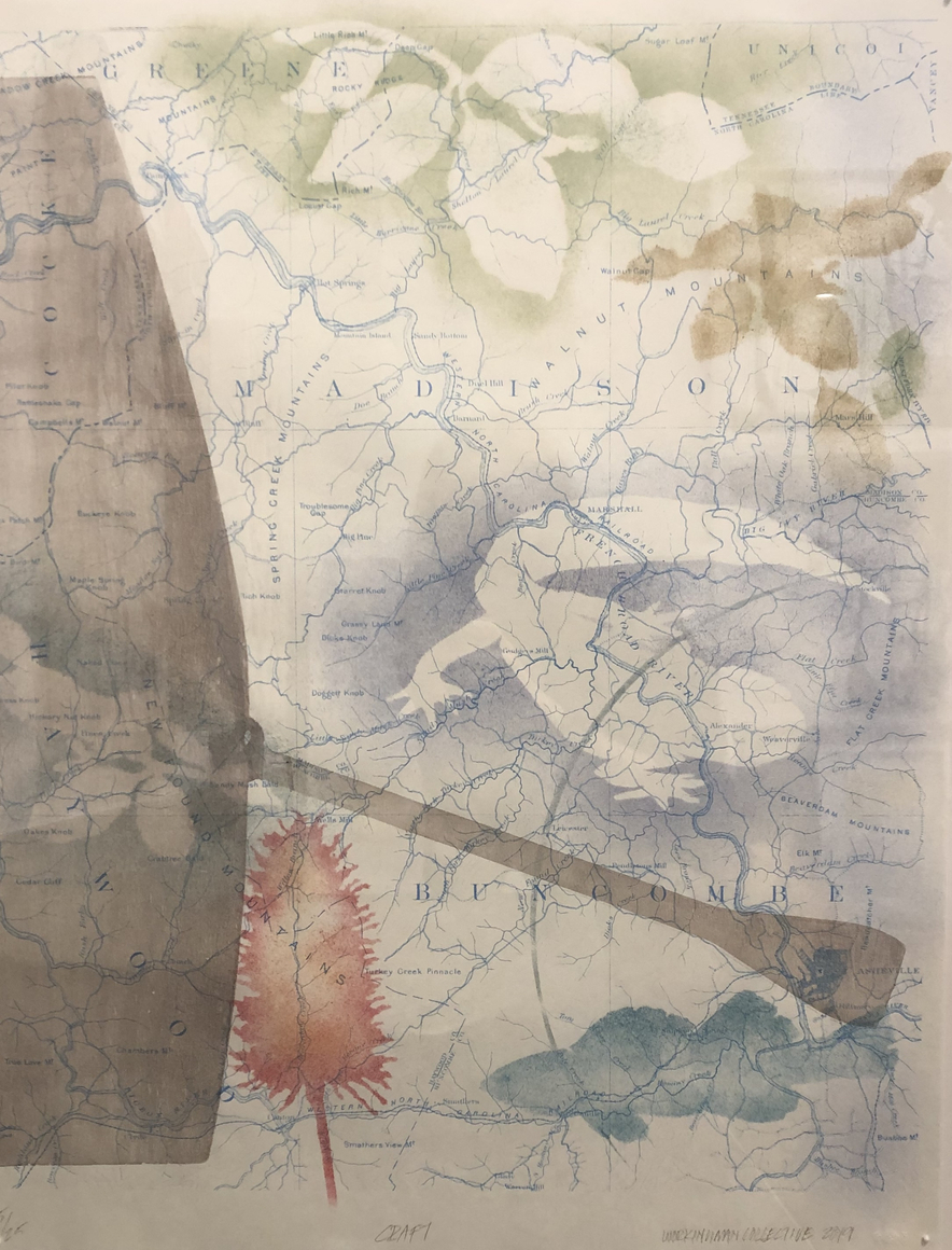 Workingman Collective  Craft, 2019  Silkscreen on paper  27 1/2h x 21 1/2w in 69.85h x 54.61w cm  Edition of 25  WMC_005  $ 450.00 colorful prints of wildlife and boat atop a map