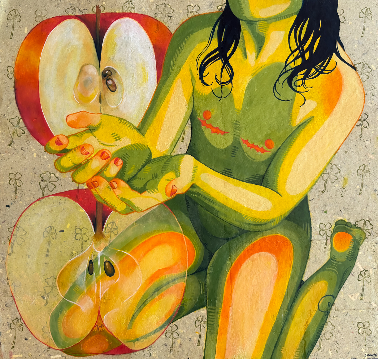 four leaf clovers and apples populate the background, in the foreground is a nude figure with top surgery scars holding a clover