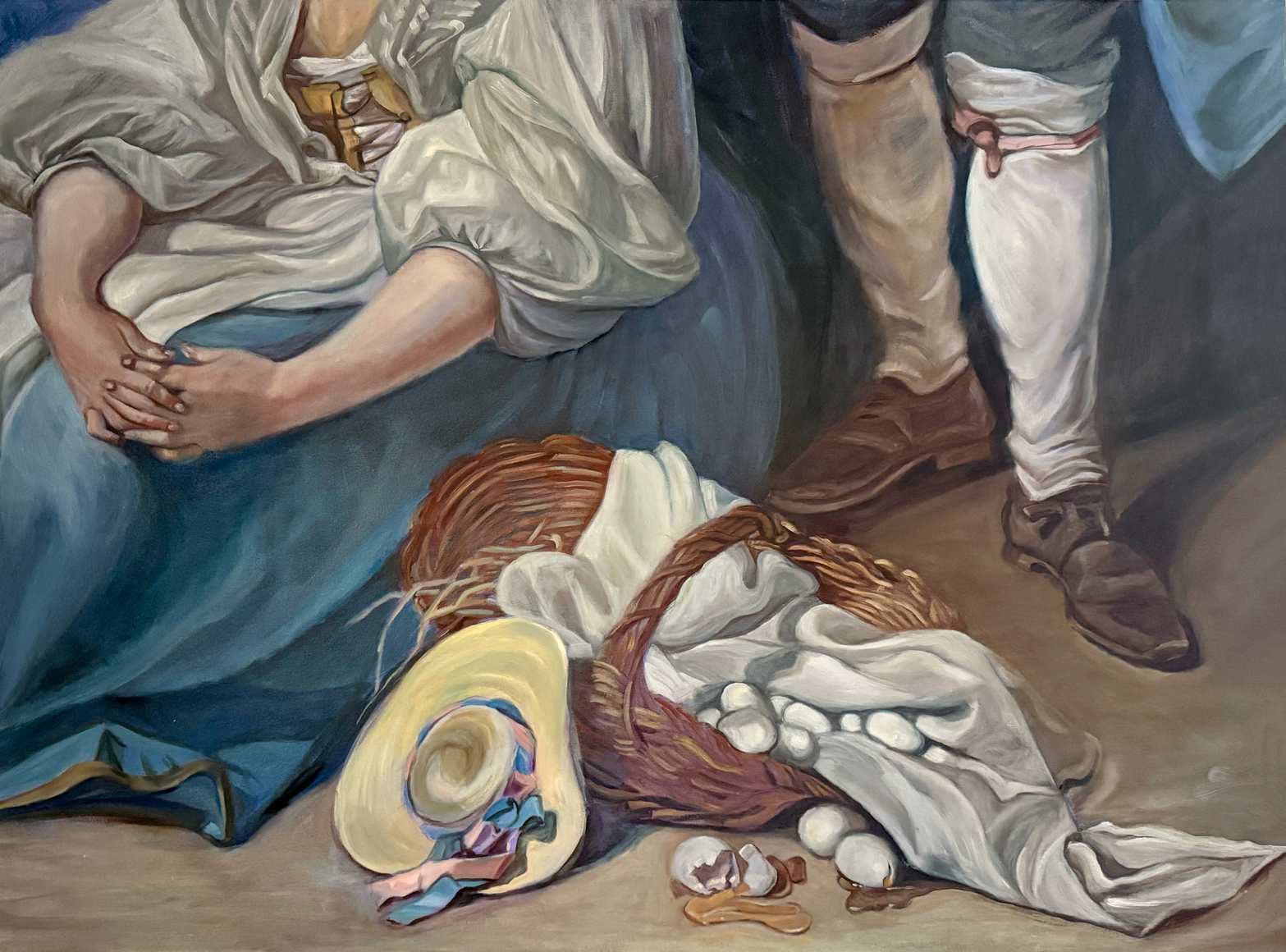 Cropped image of a woman in period clothes squatting next to a basket of eggs, two of which are broken